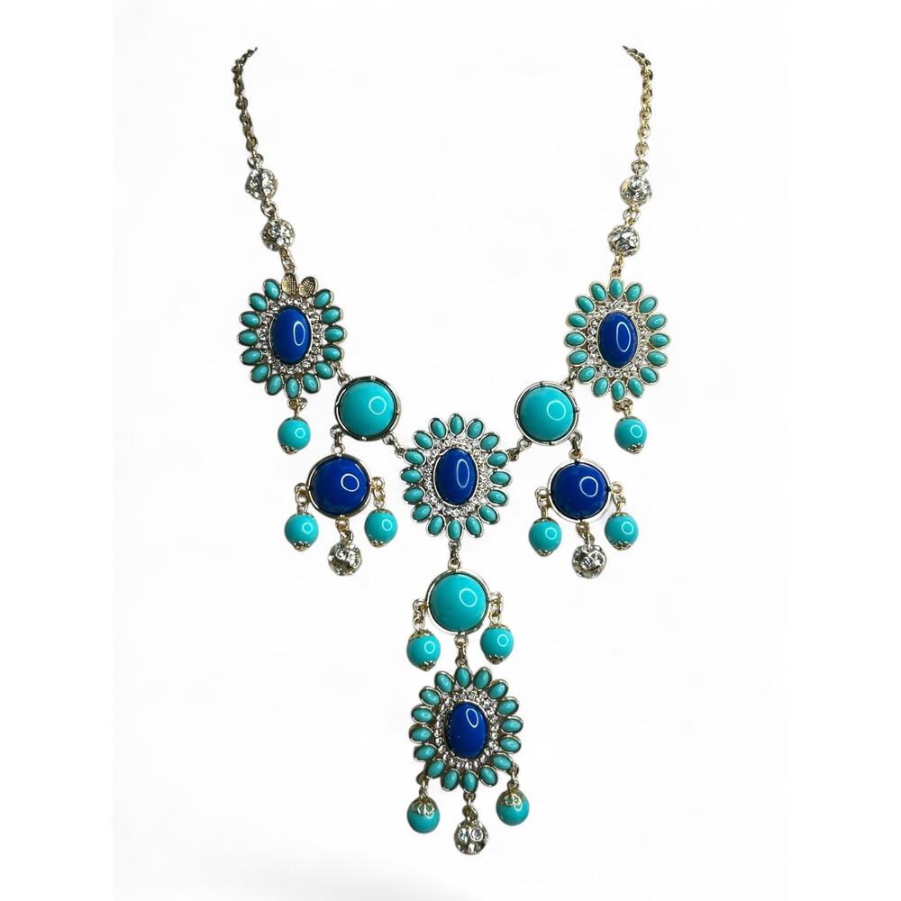 Lilly Pulitzer Statement Necklace Gold Tone Blue Turquoise Bead Sunburst Boho